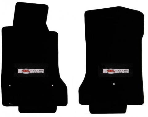 Corvette Floor Mats, 2 Piece Lloyd® Velourtex™, with Z06 405HP Emblem, Black Carpet, 1997-2004