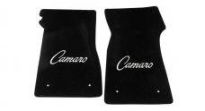 Camaro Floor Mats, 2 Piece Lloyd® Velourtex™, with Camaro Script in Silver, Black Carpet, 1967-1969