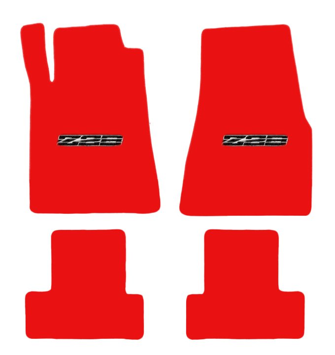 Camaro Floor Mats, 4 Piece Lloyd® Velourtex™, with Z28 Logo in Black, Red Carpet, 1982-1992