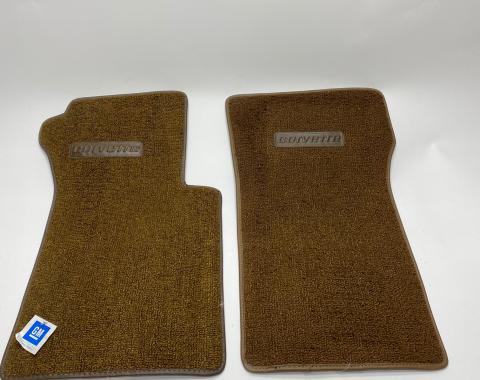 Corvette Floor Mats, 2 Piece ACC Loop, with Embossed Emblem, Dark Saddle (12), BLEM 1963-1967